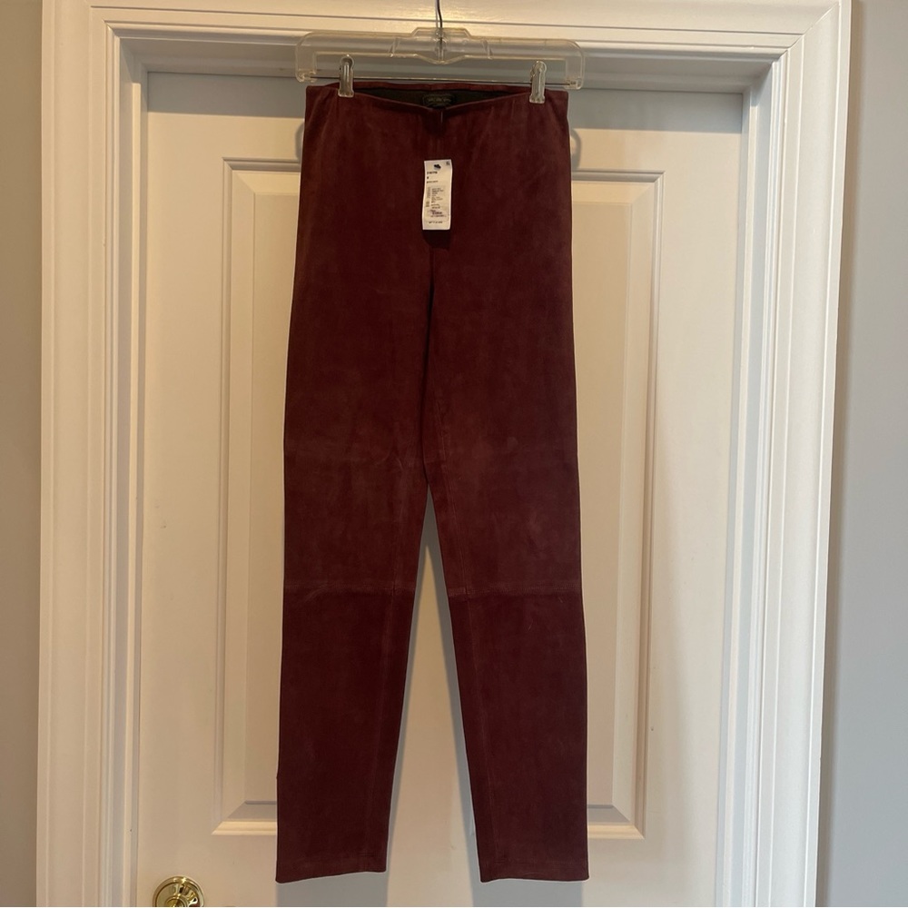 NWT Saks Fifth Avenue Plum 100% Leather Suede Legging Pants Medium